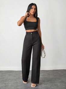 EURMUSE Pantalon droit taille haute de couleur unie pour femme, taille petite, pour un port quotidien