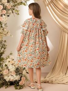 Tween Girls Sweet Animal & Ditsy Floral Double Ruffle Sleeve Flared Dress - Multicolor - View 2