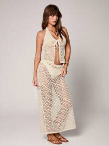 TRNVIE Set de 2 piezas de top de punto con escote anudado y falda mini de punto en color liso para vacaciones para mujeres