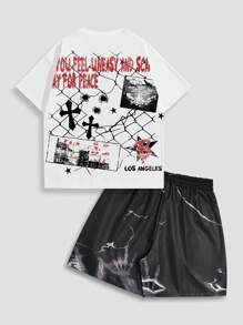 ROMWE MEN Street Life 2pcs/Set Men's Portrait Graphic Print Short Sleeve T-Shirt And Shorts, Suitable For Everyday Wear In Spring/Summer