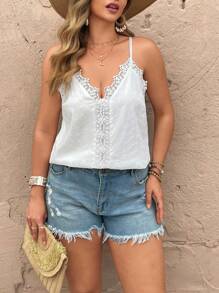 Breezaya Plus Size Women's Casual Vacation Summer V-Neck White Lace Stitching Embroidered Camisole