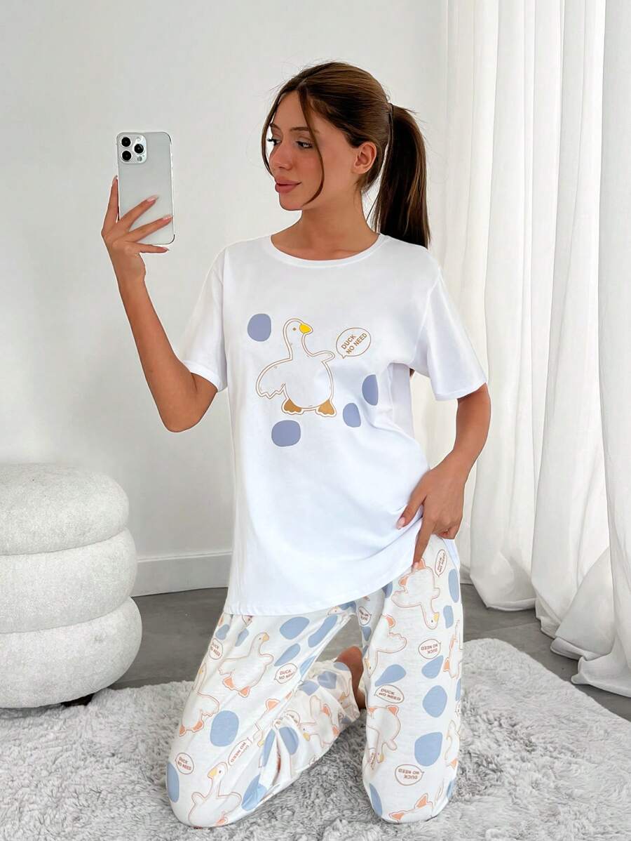 RueChic Cottonline Women 2 Pcs Cute Contrast Colour Duck Pattern Basic Homewear PJ Set - White - View 1