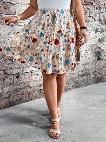 Breezaya Women Plus Size High Waist Streamlined Floral Print Ruffle Hem Skirt