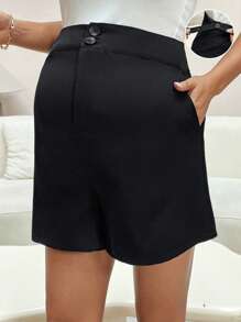 SHEIN Maternity Simple Solid Color Button Elastic Waist Shorts - Black - View 3