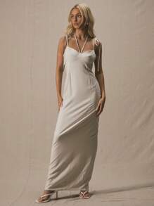 MUSERA Halterneck Double Shoulder Strap Drop Waist Tie Strap Midi Dress Spring Summer Cute Vacation Elegant Sexy