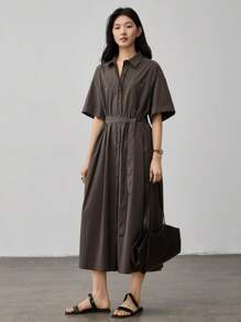 Dazy-Less Women's Casual Business Style Tie-Waist Shirt Dress, Mid-Length Short Sleeve Summer Old Money Style Sundress,Teacher Outfits - Coffee Brown - View 10