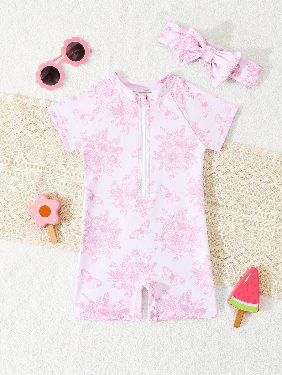 Baby Girl Floral Print Zipper Front One-Piece Swimsuit, For Summer Beach Holiday
