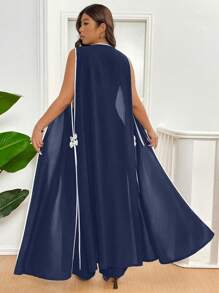 SHEIN LUNE Plus Size Colorblock Bow Decor Long Vest Jacket + Black Pants Elegant Commuting Outfit - Blue - View 2
