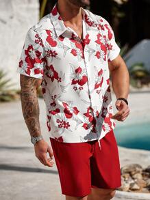 Manfinity Homme Plus Size Men's Floral Print Short Sleeve Shirt And Shorts Set, Vacation Style - Red - View 3