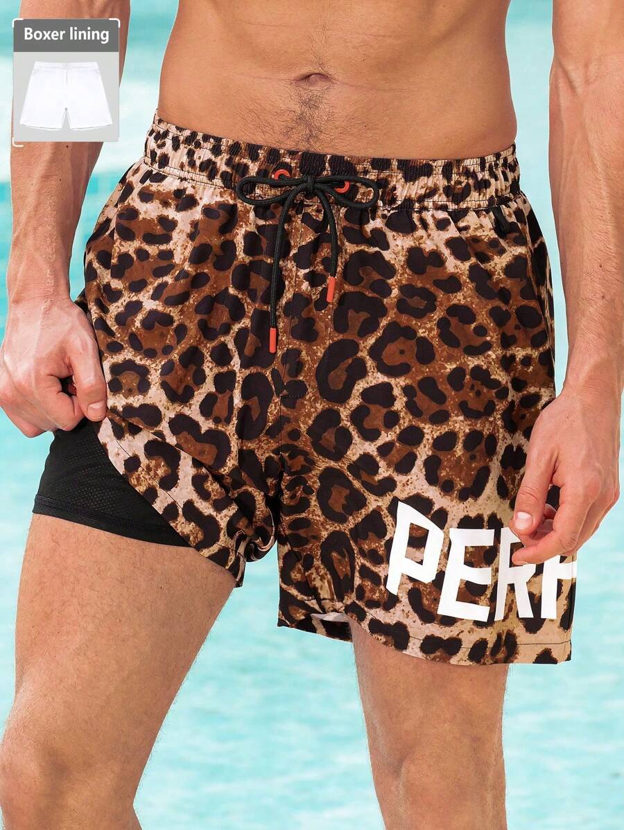 Surfspeed Men's Front Tie Leopard Print Casual Beach Shorts, Suitable For Leisure And Holiday Men Swim Trunks - Multicolor - View 1