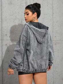 SHEIN ICON Women Washed Denim Hooded Jacket - Grey - View 3