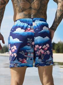 Surfspeed 男士风景印花抽绳腰沙滩短裤 - 藍色 - 查看 2