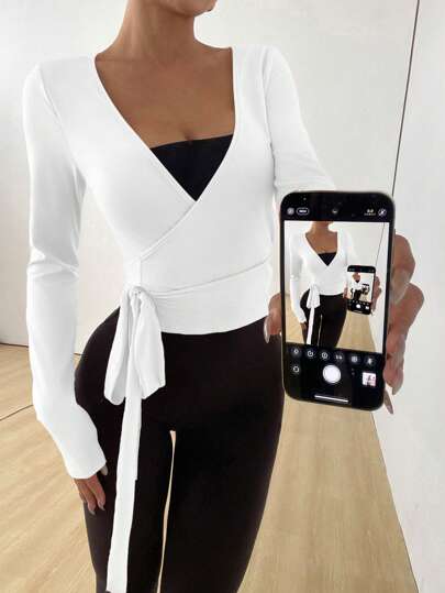 Flirla Soft, High Elasticity Pink Yoga Fitness Sports Wrap V-Neck Long Sleeve Crop Top, Fashion, Casual, Elegant All-Match Essential Design For Women, Spring & Autumn