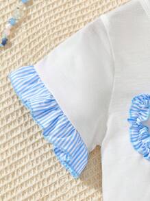 SHEIN 2pcs/Set Little Girls Bow Embellished Round Neck Ruffle Sleeve Tee And Striped Pants Set - Multicolor - View 4