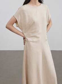 Dazy-Less Linen Minimalist Solid Color Cinched Waist Design Formal Women Midi Dress Old Money Style Sundress,Casual Women Dresses Business Casual Woman Work Clothes - Khaki - View 4