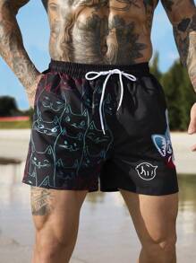 Surfspeed Men's Cartoon Cat Print Drawstring Pocket Beach Shorts  Men Swim Trunks