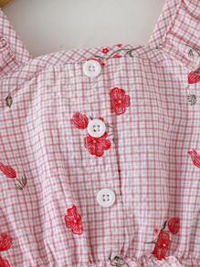 女婴可爱碎花格子荷叶边吊带背心上衣和短裤套装，适合夏季外出 - 粉色 - 查看 6