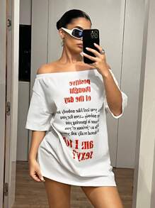 SHEIN ICON Spring And Summer Off The Shoulder Graphic Going Out Letter Women Off Shoulder Short Sleeve Letter Print White Dress - White - View 1