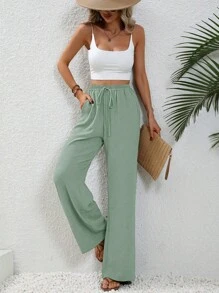 SHEIN LUNE Pantalones casuales rectos de mujer de unicolor con bolsillos y lazo a la cintura - verde menta - Ver 5