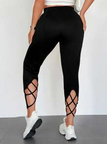 Calvaya Plus Size Women Hollow Out Plain Leggings, Minimalist Fashion Suitable For Summer