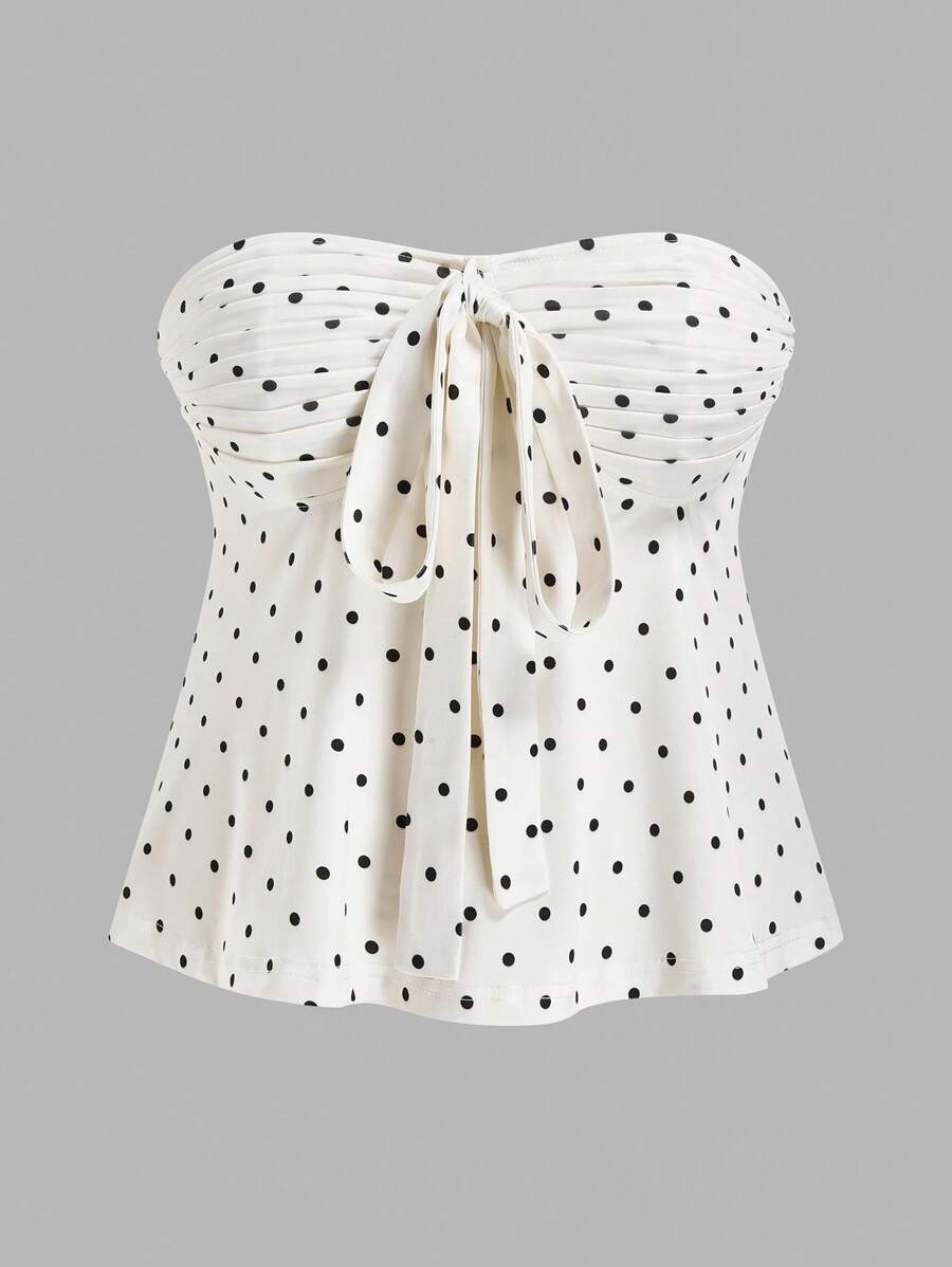 Sweetra 大码复古浪漫波尔卡圆点蝴蝶结抹胸上衣