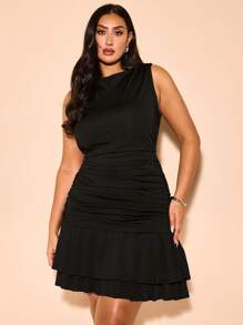 SHEIN BAE 大码女式夏秋冬纯黑色无袖紧身褶饰迷你双层连衣裙，甜美学院风，女士生日礼服 - 黑色 - 查看 3