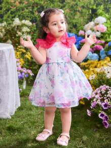 SHEIN Baby Girl Floral Print Cute Elegant Organza Summer Dress - Multicolor - View 6