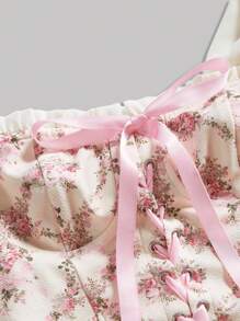 SHEIN MOD 复古花卉印花，梦幻浪漫奢华紧身胸衣连衣裙，饰有荷叶边和蝴蝶结，交叉肩带，适合约会、聚会、节日、下午茶、生日场合、女士夏季服装、复活节服装、女士沙滩装、女士度假服装、春季、女士音乐会服装、狂欢服装、女士巡航服装。女士毕业礼服、婴儿送礼会礼服、女士节日服装 - 彩色 - 查看 3