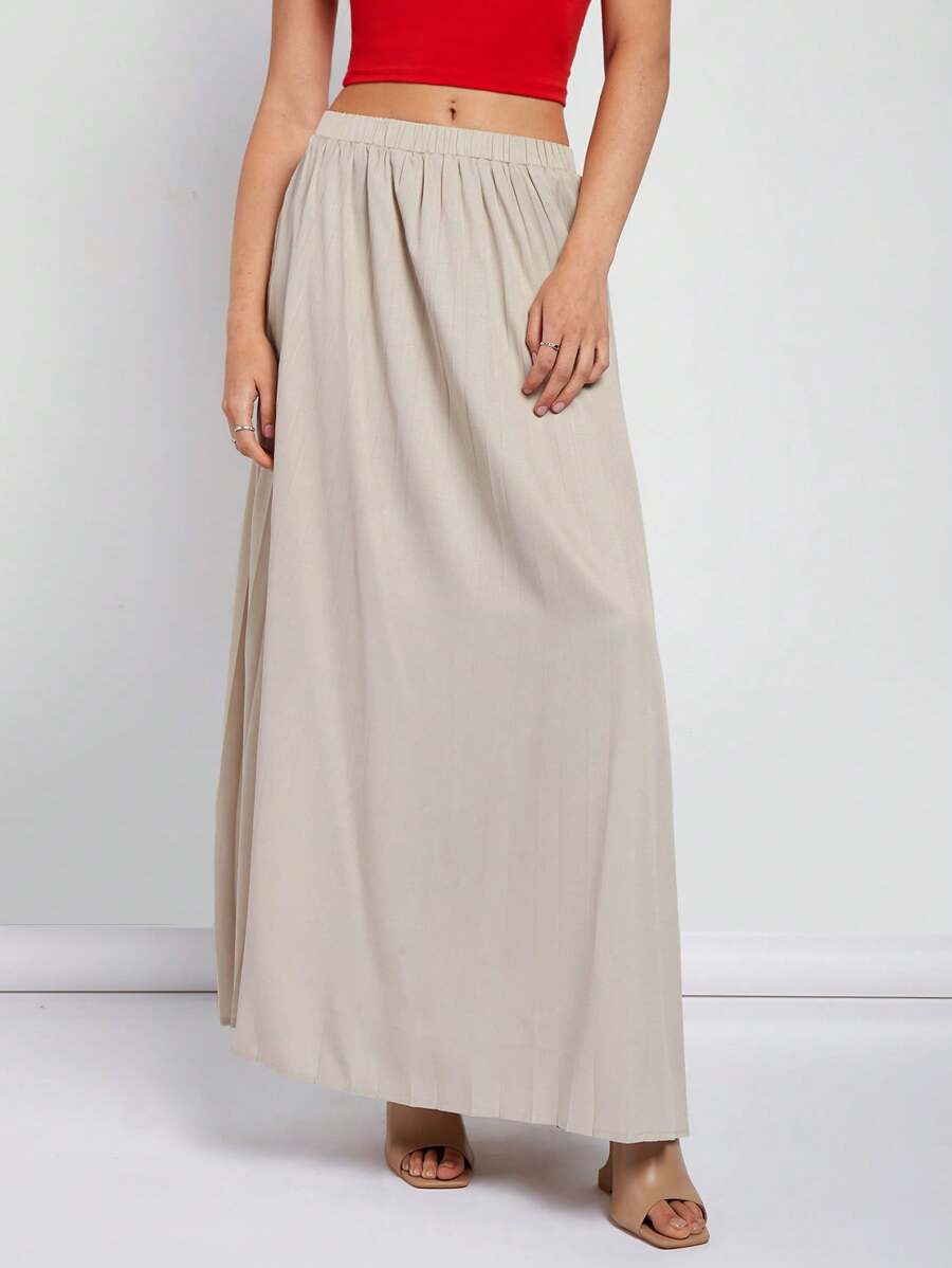 COSMINA 女士优雅卡其色褶皱办公/通勤裙，春夏 - 卡其色 - 查看 1