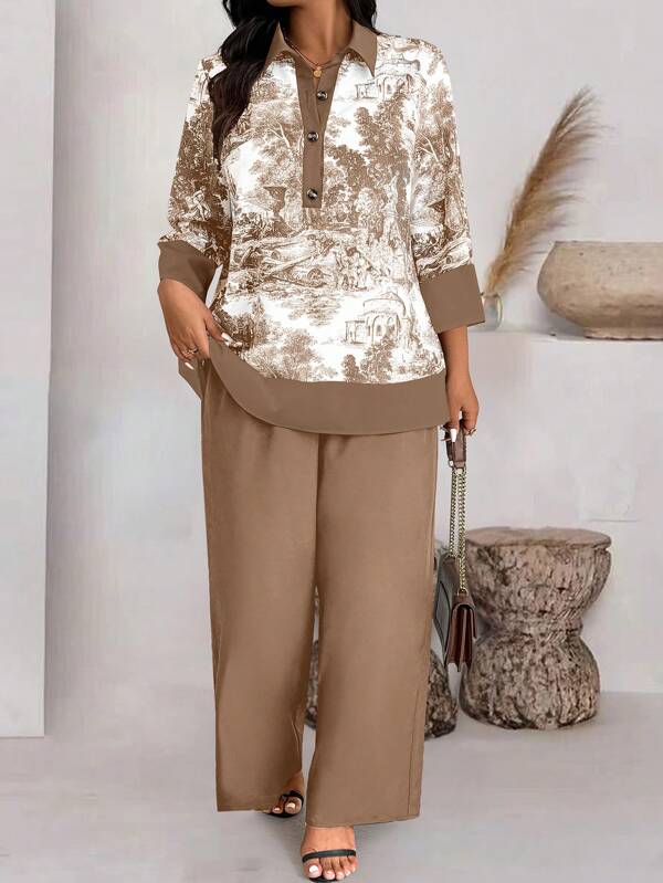 SHEIN LUNE Set bluză și pantaloni cu mâneci 3/4 pentru femei, 2 buc
