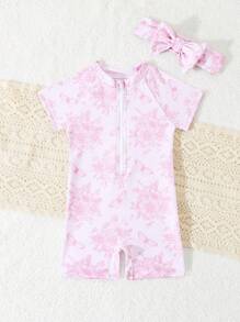 Baby Girl Floral Print Zipper Front One-Piece Swimsuit, For Summer Beach Holiday