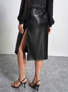 Chikora Falda lápiz de alta gama con pliegues y abertura, talla grande, para invierno - Negro - Ver 2
