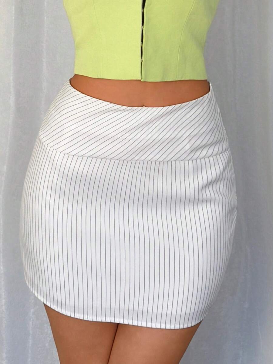 SHEIN Unity Spring/Summer Ladies Striped Low Waist Bodycon Mini Skirt - White - View 1
