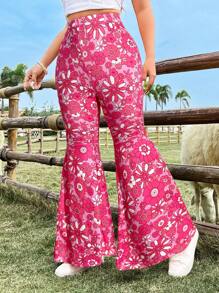 Flirla Plus Size Flower Print Flared Pants, Casual Resort Style - Multicolor - View 1