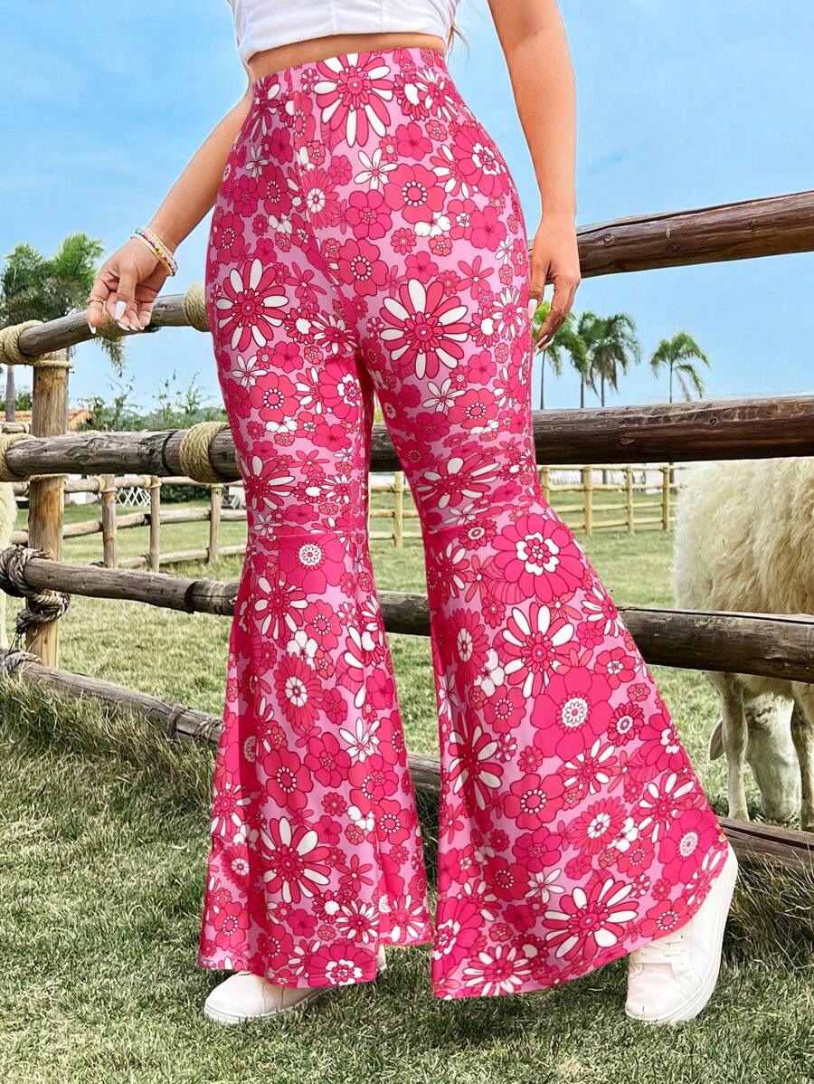 Flirla Plus Size Flower Print Flared Pants, Casual Resort Style - Multicolor - View 1