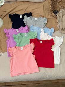 8pcs Set Cute Summer Baby Girl Solid Color Knit Cap Sleeve Tops - Multicolor - View 3