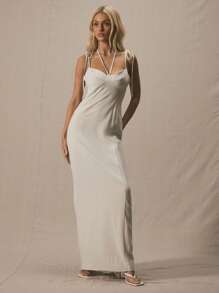 MUSERA Halterneck Double Shoulder Strap Drop Waist Tie Strap Midi Dress Spring Summer Cute Vacation Elegant Sexy