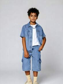 男童/青少年男孩休闲百搭百搭复古街头风格水洗牛仔两件套，适合日常出游，2025年新品