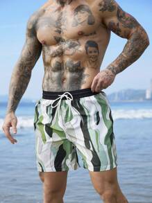 Surfspeed Men's Contrast Color Print Drawstring Waist Beach Shorts - Army Green - View 7