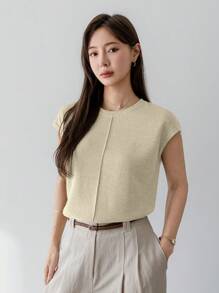 Dazy-Less Áo thun cổ tròn tay lửng họa tiết vá màu trơn đơn giản dành cho nữ phong cách cổ điển dành cho nữ công sở - Màu be - Xem 5