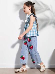 SHEIN 年轻女孩蓝色格子短袖蝴蝶结后背装饰宽松下摆衬衫，度假和乡村风格 - 藍色 - 查看 6