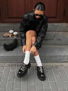 DAZY 女士街头风格 PU 皮夹克，宽松长袖翻领