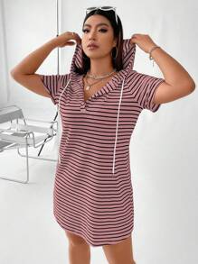 Flirla Plus Size Women Ribbed Ribbed Short Sleeve Hooded Dress - Multicolor - View 6
