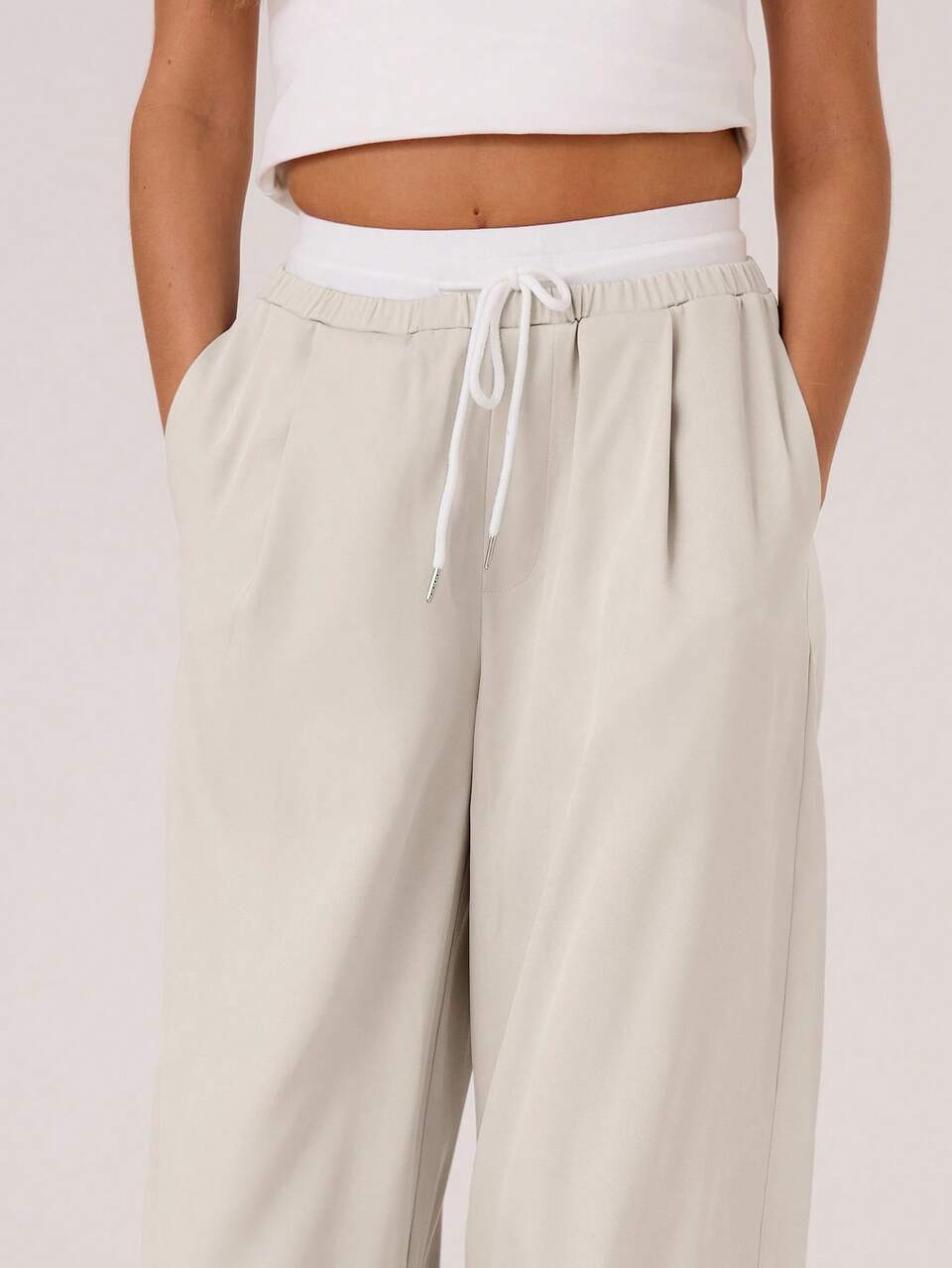Beige Woven Contrast Waistband Tailored Trousers