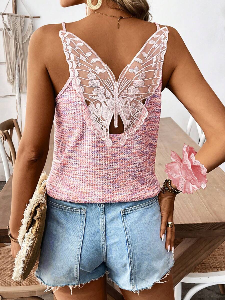 SHEIN LUNE Women's Patchwork Butterfly Embroidered Mesh Tie-Dye Camisole - Pink - View 1