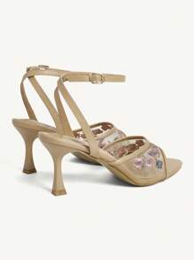 CUCCOO CHICEST Sandalias de mujer con bordado floral en color albaricoque, elegantes, de malla transpirable y con tacón alto de dedo abierto para fiesta - Albaricoque - Ver 10