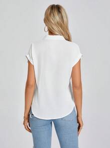 Wildy Knotted Self-Tie Button-Front Shirt,Short Sleeve Tops