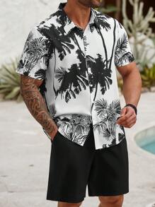 Manfinity RSRT Plus Size Men Coconut Tree Print Short Sleeve Shirt And Shorts Set - Black - View 3