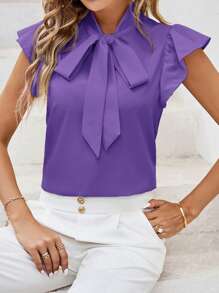 SHEIN Clasi 女士蝴蝶结盖袖衬衫 - 紫色 - 查看 3