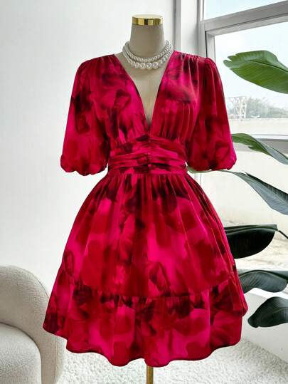 Sweetra Plus Size Elegant Digital Print V-Neck Pleated Woven Dress